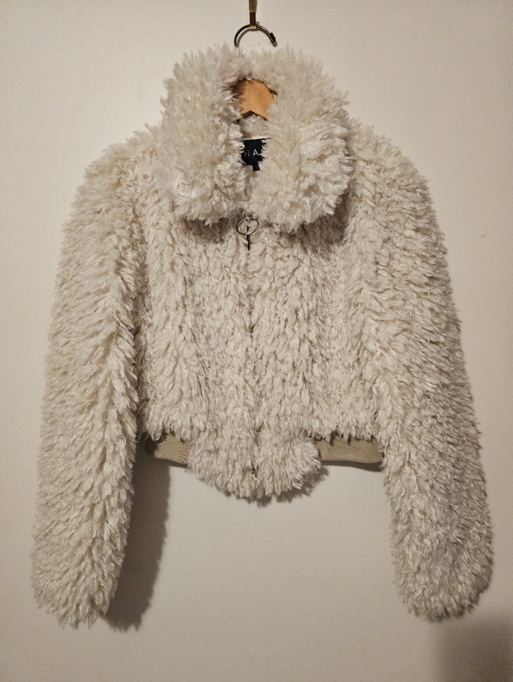 SHACI Cream Shaggy Faux Fur Cropped Bomber Jacket - Ring Zip - Size S